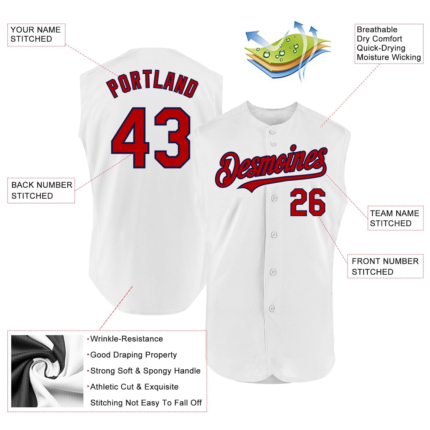 Custom White Red-Navy Authentic Sleeveless Baseball Jersey view 2