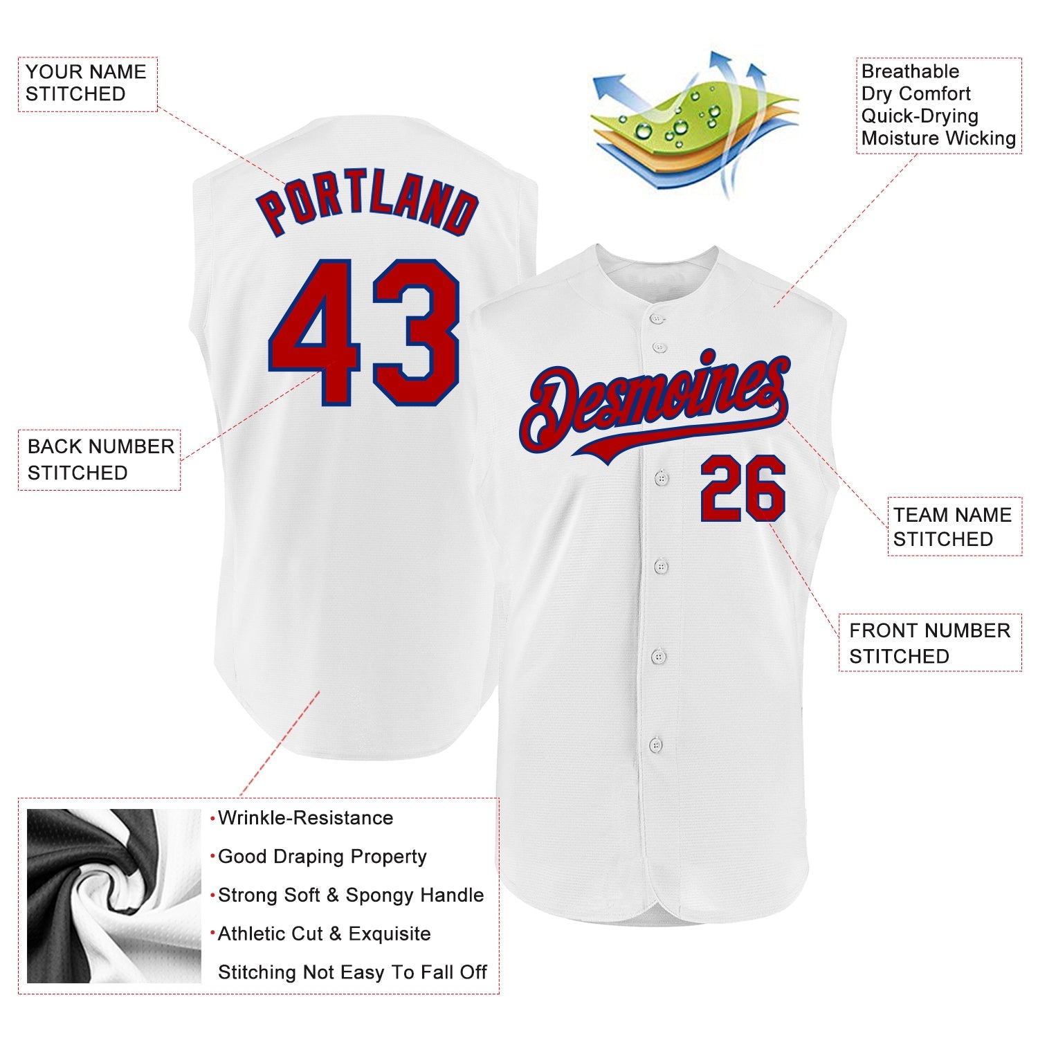 Custom White Red-Royal Authentic Sleeveless Baseball Jersey view 2