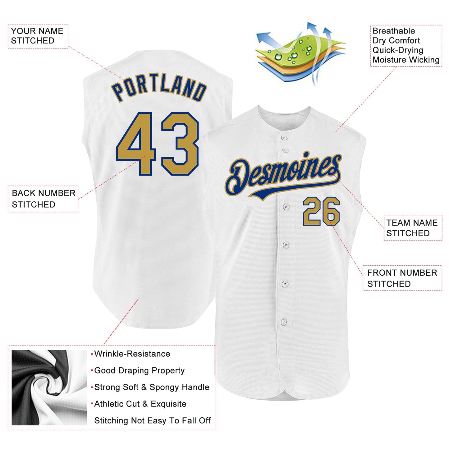 Custom White Old Gold-Royal Authentic Sleeveless Baseball Jersey view 2