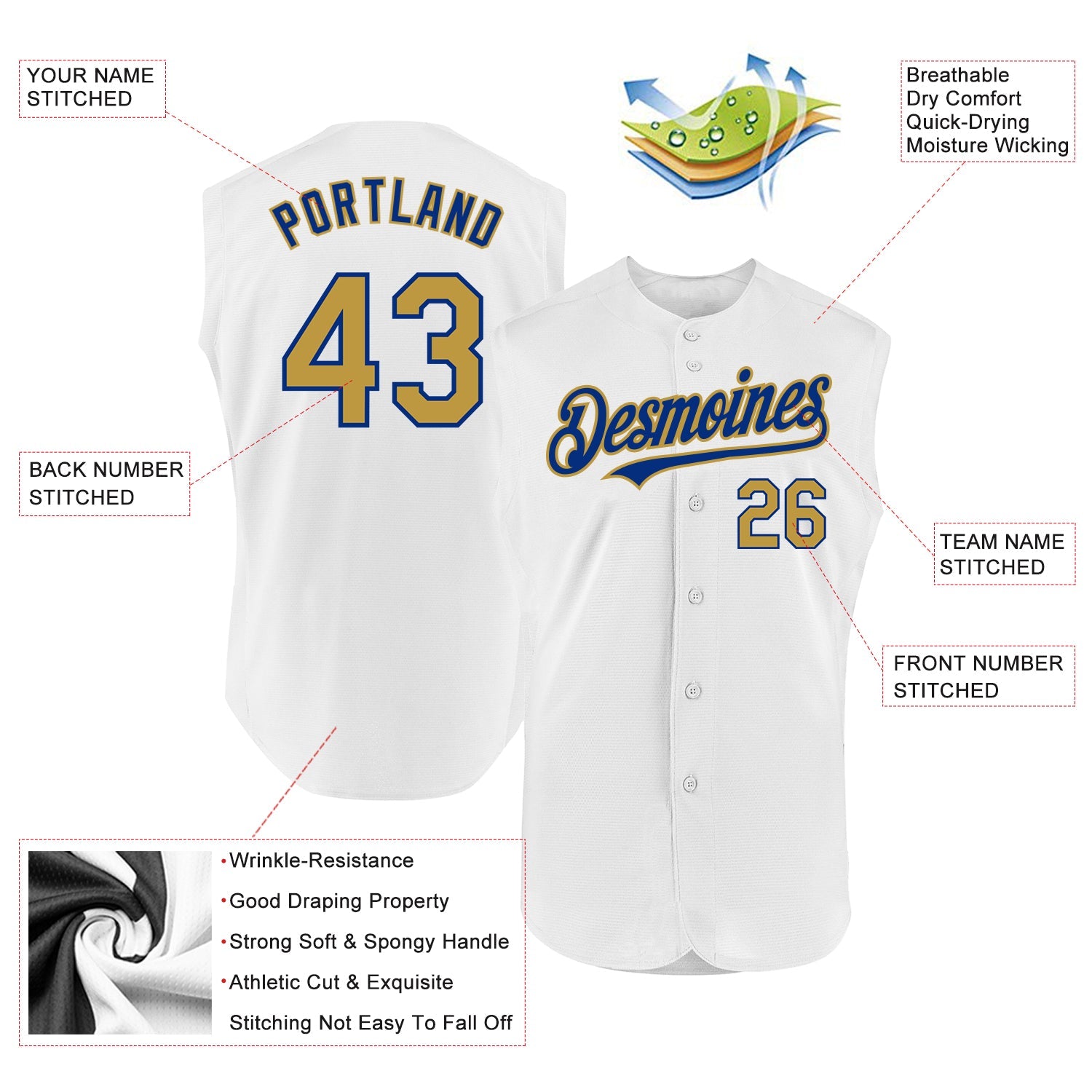 Custom White Old Gold-Royal Authentic Sleeveless Baseball Jersey view 2