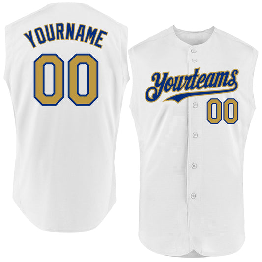 Custom White Old Gold-Royal Authentic Sleeveless Baseball Jersey - Main View