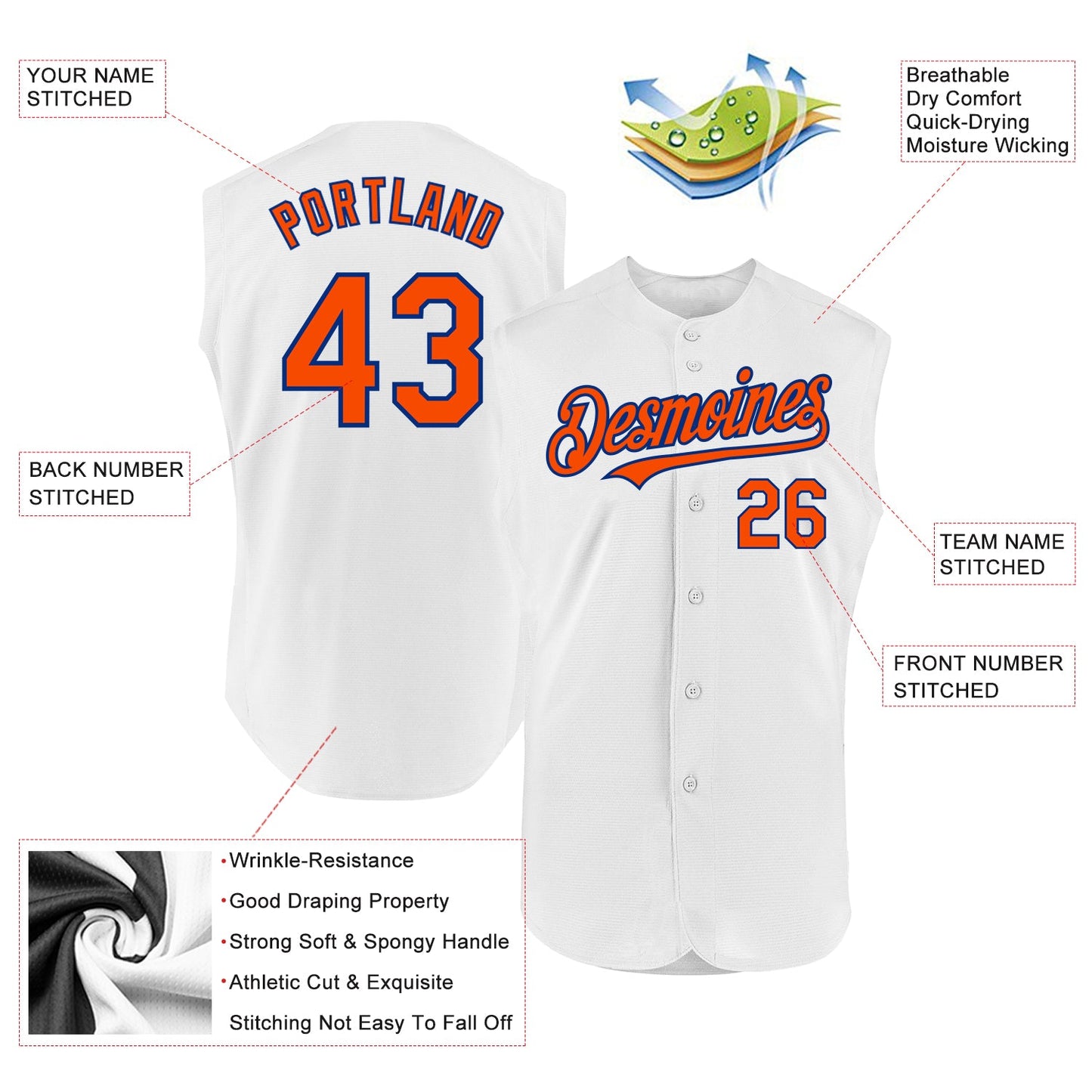 Custom White Orange-Royal Authentic Sleeveless Baseball Jersey view 2