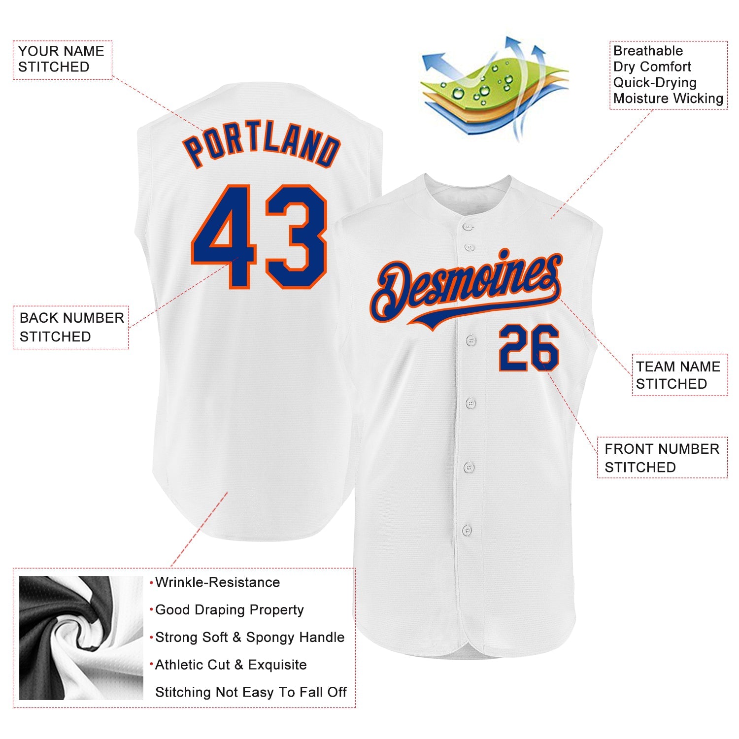 Custom White Royal-Orange Authentic Sleeveless Baseball Jersey view 2