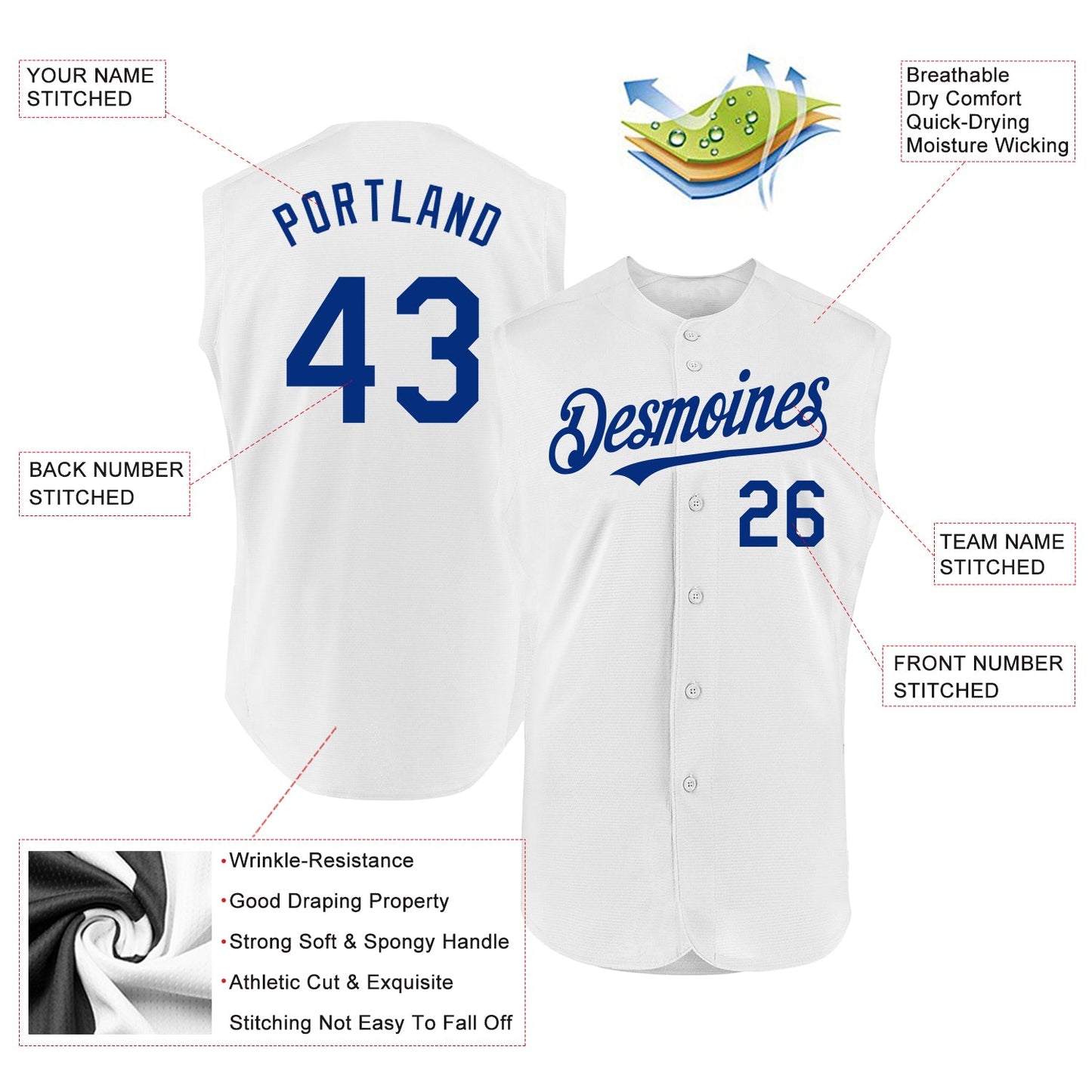 Custom White Royal Authentic Sleeveless Baseball Jersey view 2