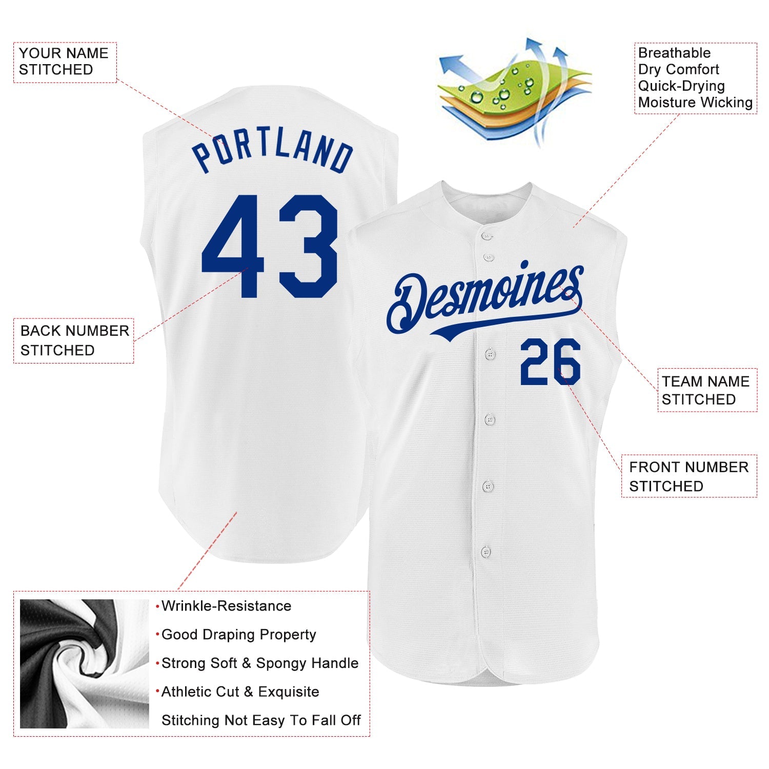 Custom White Royal Authentic Sleeveless Baseball Jersey view 2