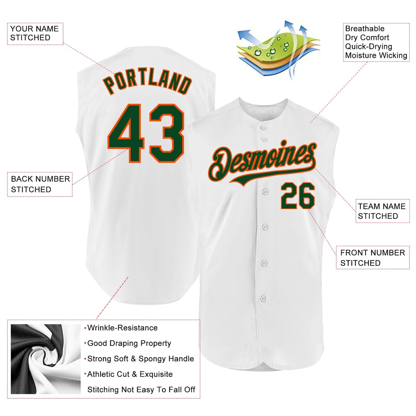 Custom White Green-Orange Authentic Sleeveless Baseball Jersey view 2