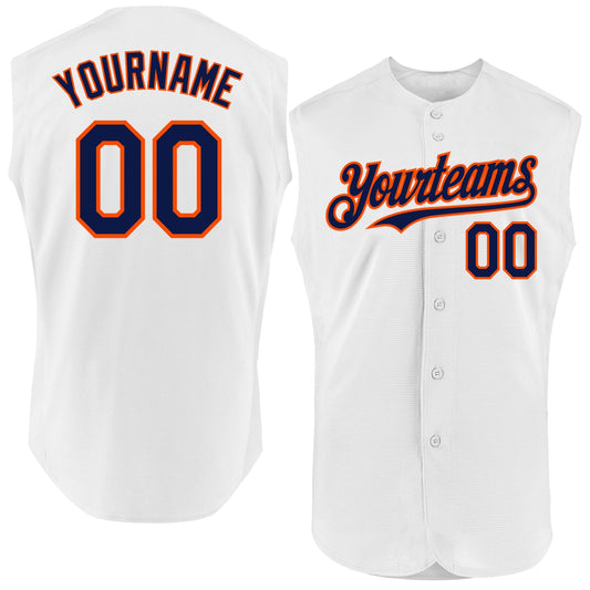 Custom White Navy-Orange Authentic Sleeveless Baseball Jersey - Main View
