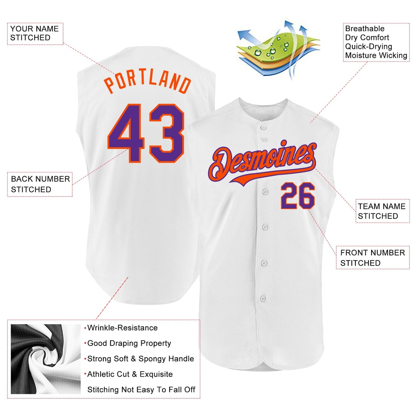 Custom White Purple-Orange Authentic Sleeveless Baseball Jersey view 2