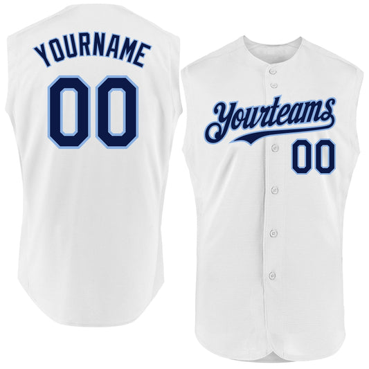 Custom White Navy-Light Blue Authentic Sleeveless Baseball Jersey - Main View