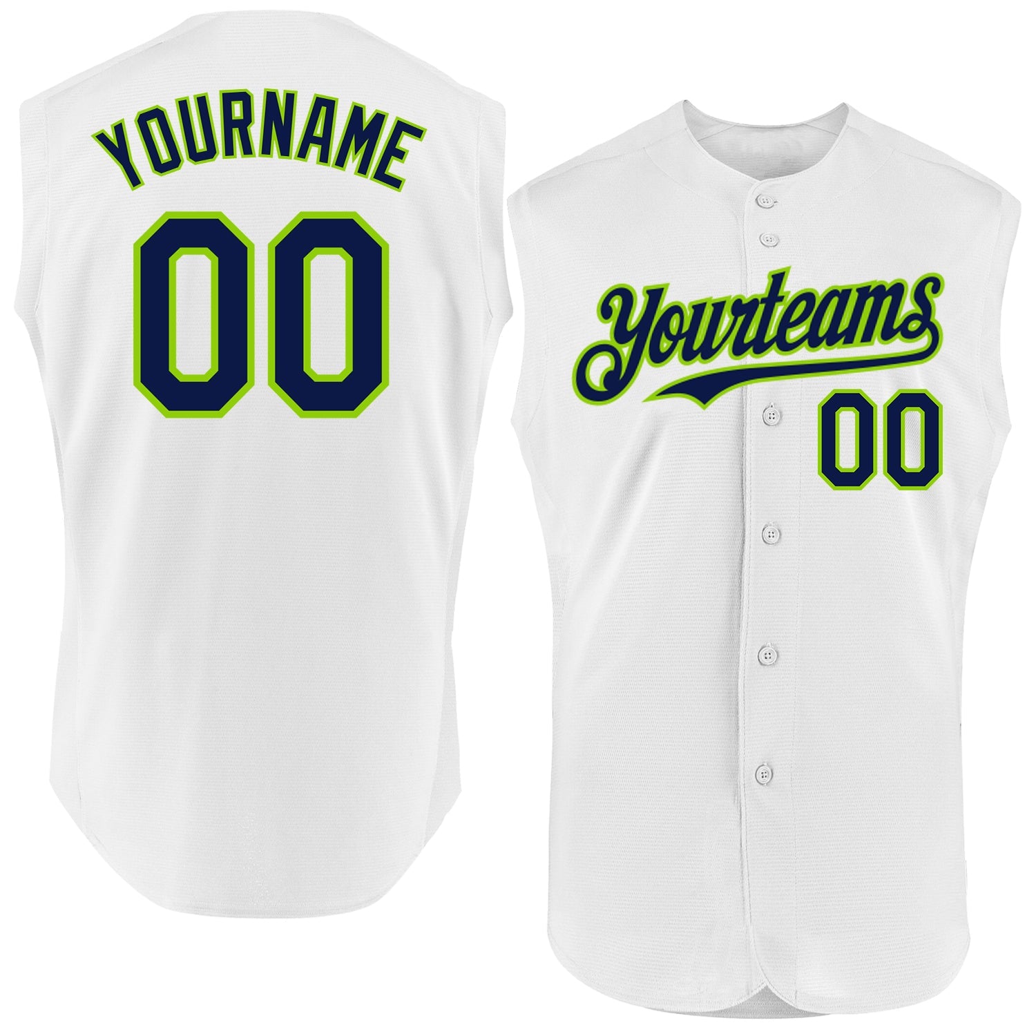 Custom White Navy-Neon Green Authentic Sleeveless Baseball Jersey - Main View