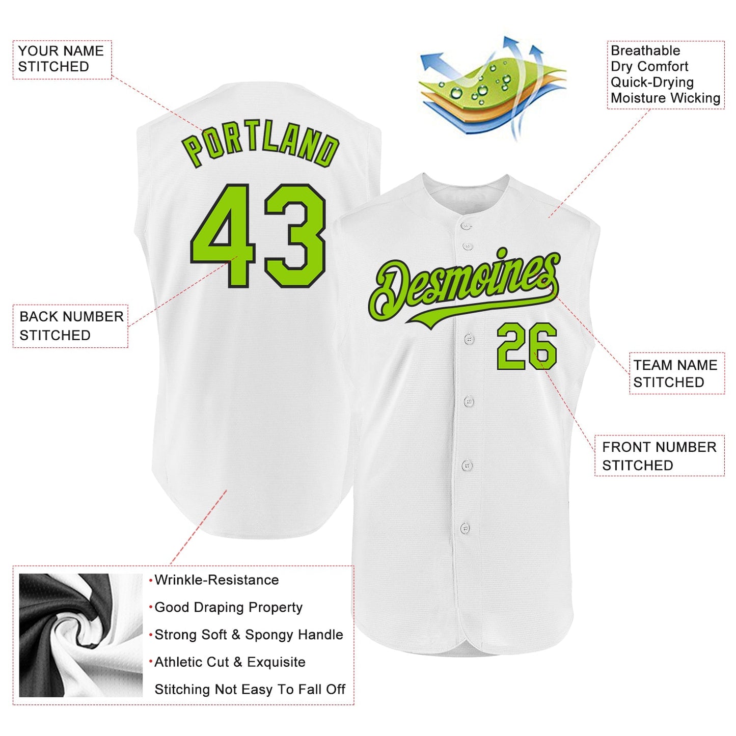 Custom White Neon Green-Black Authentic Sleeveless Baseball Jersey view 2