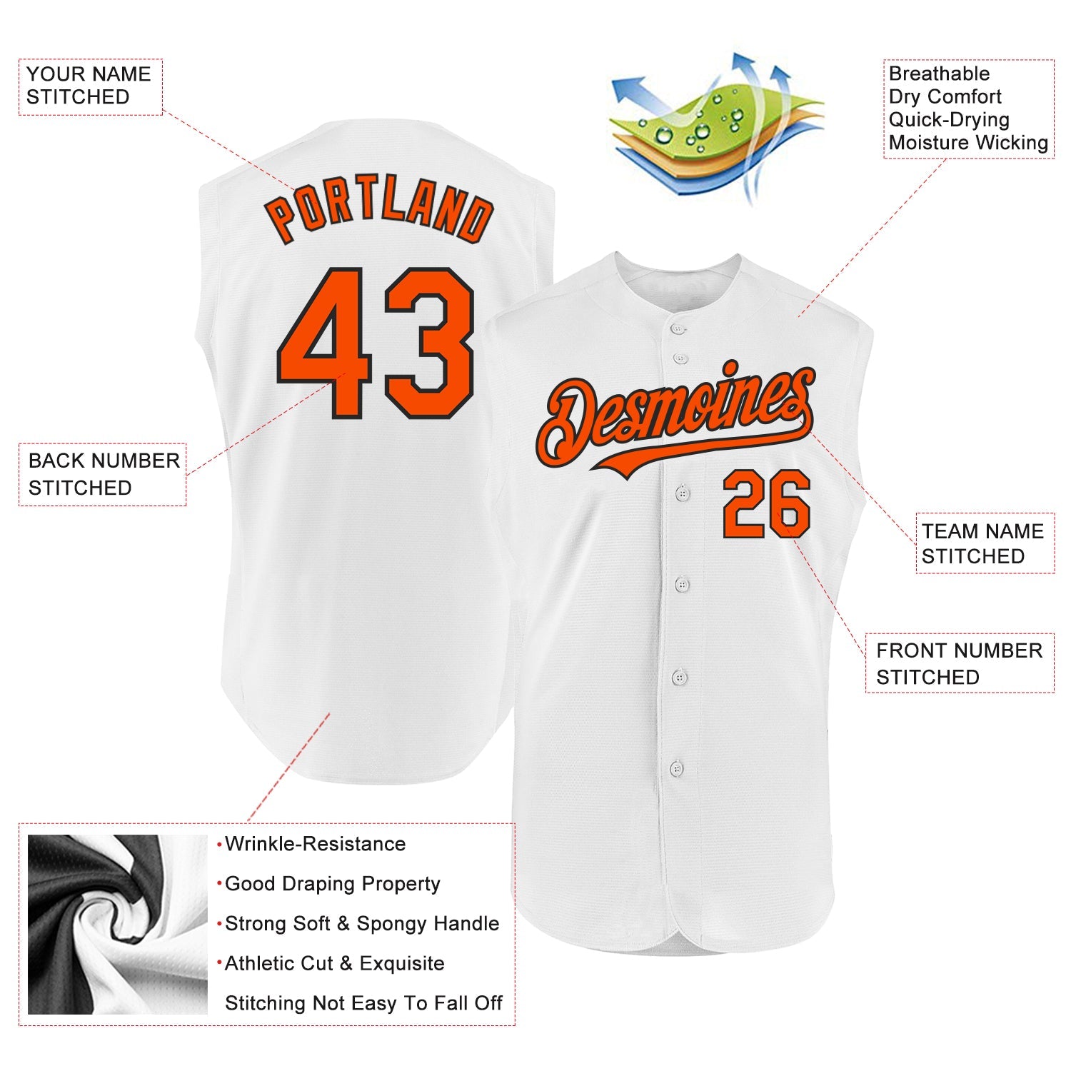 Custom White Orange-Black Authentic Sleeveless Baseball Jersey view 2