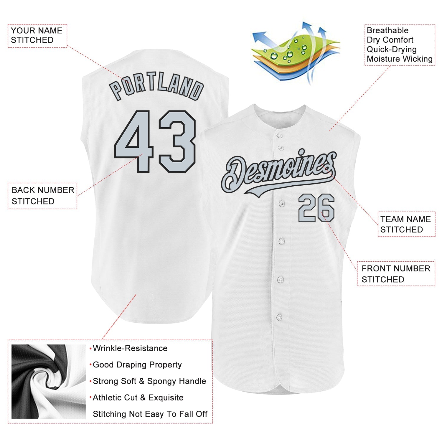 Custom White Silver-Black Authentic Sleeveless Baseball Jersey view 2