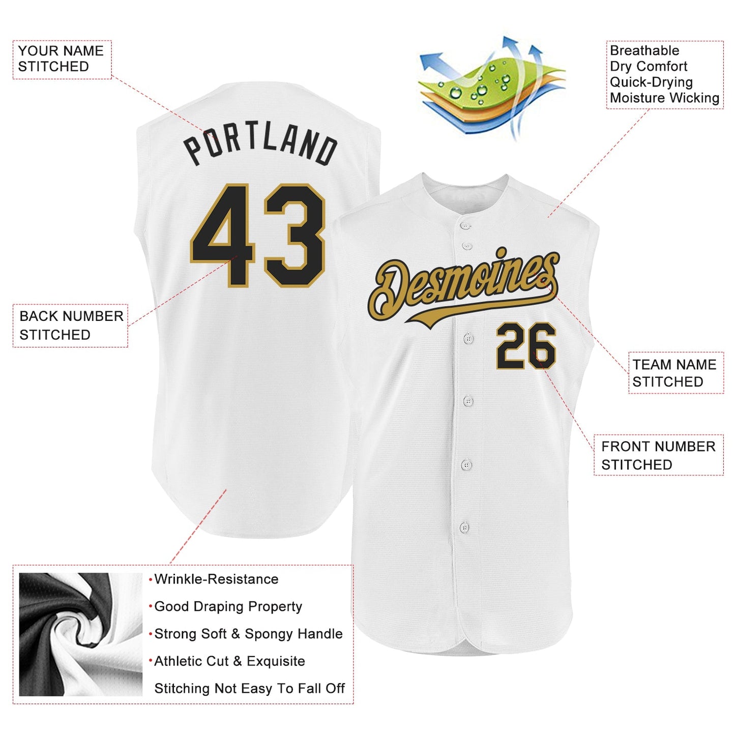 Custom White Black-Old Gold Authentic Sleeveless Baseball Jersey view 2