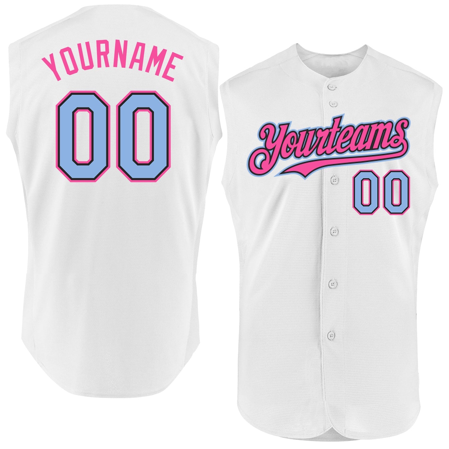 Custom White Light Blue Black-Pink Authentic Sleeveless Baseball Jersey - Main View