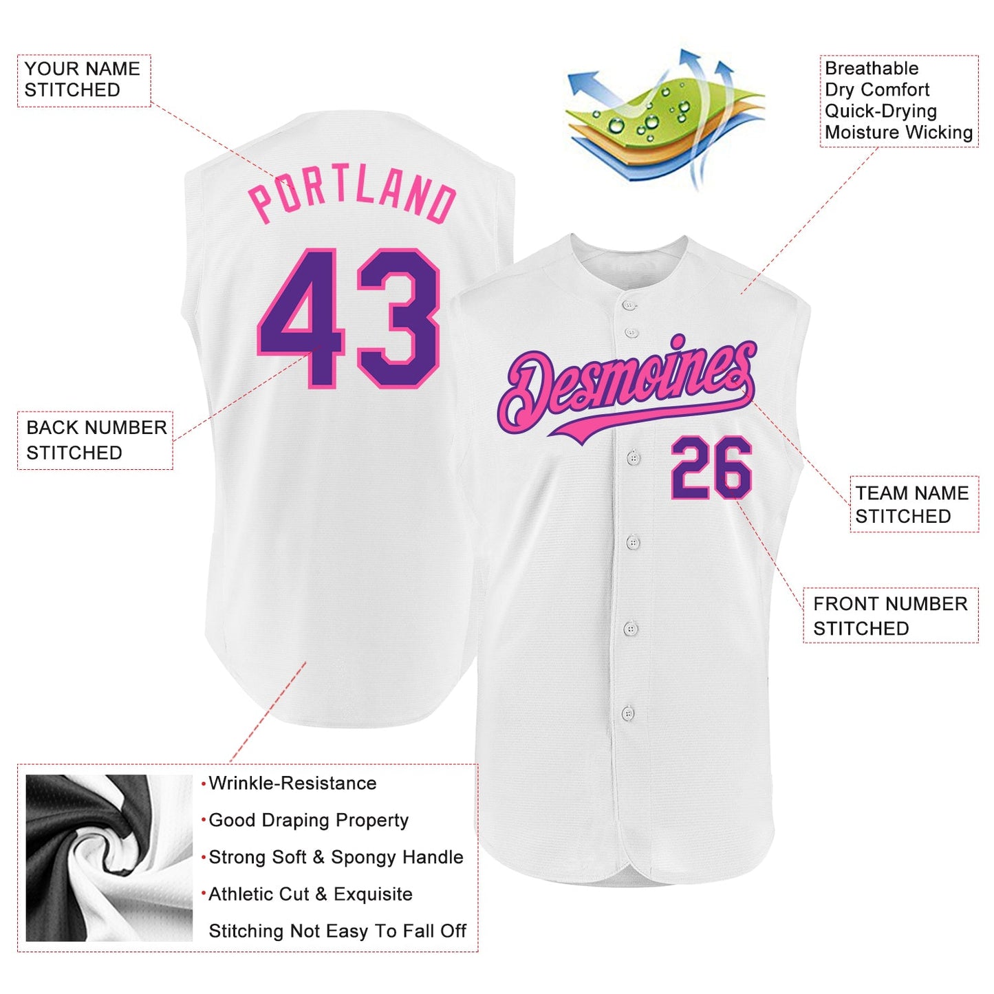 Custom White Purple-Pink Authentic Sleeveless Baseball Jersey view 2