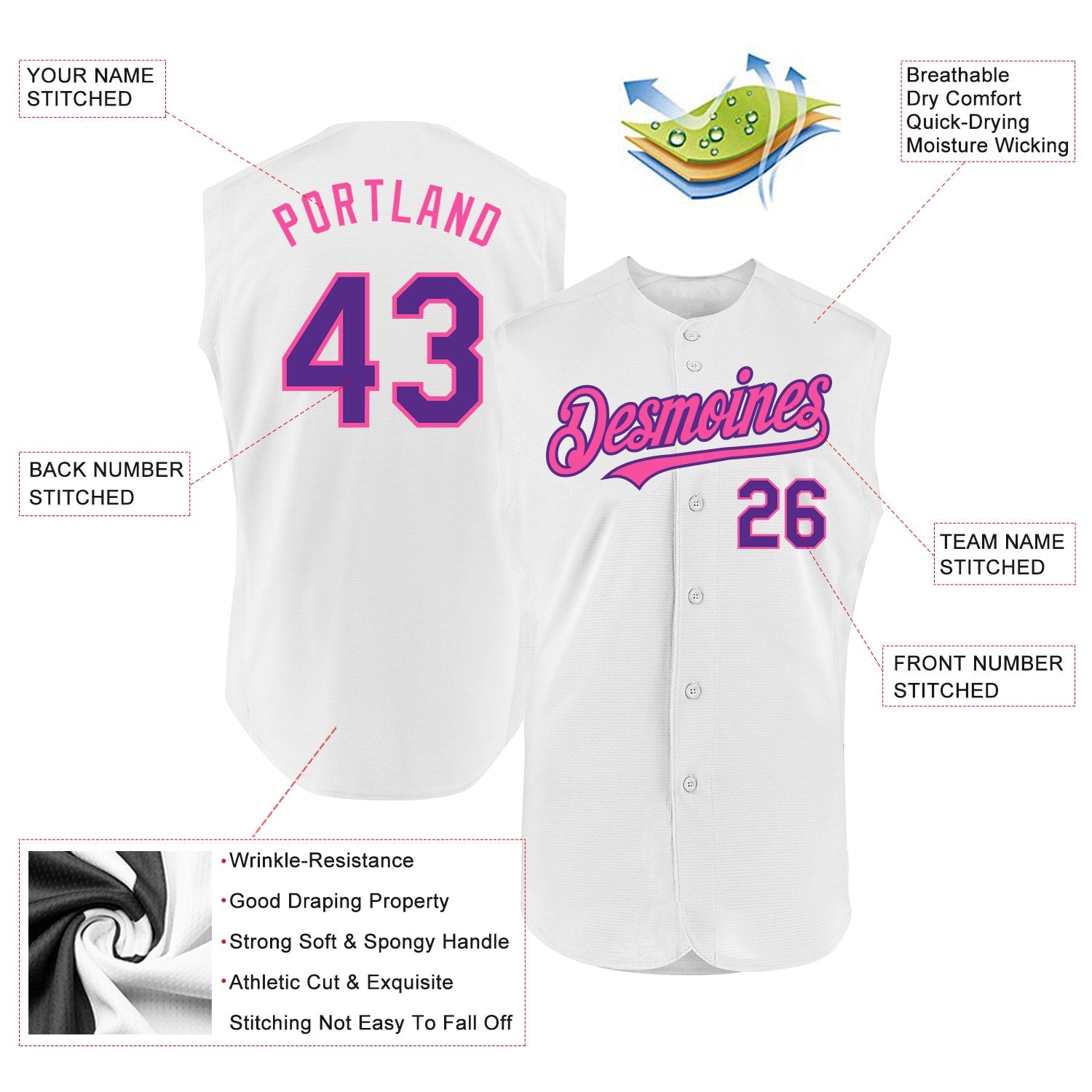 Custom White Purple-Pink Authentic Sleeveless Baseball Jersey view 2