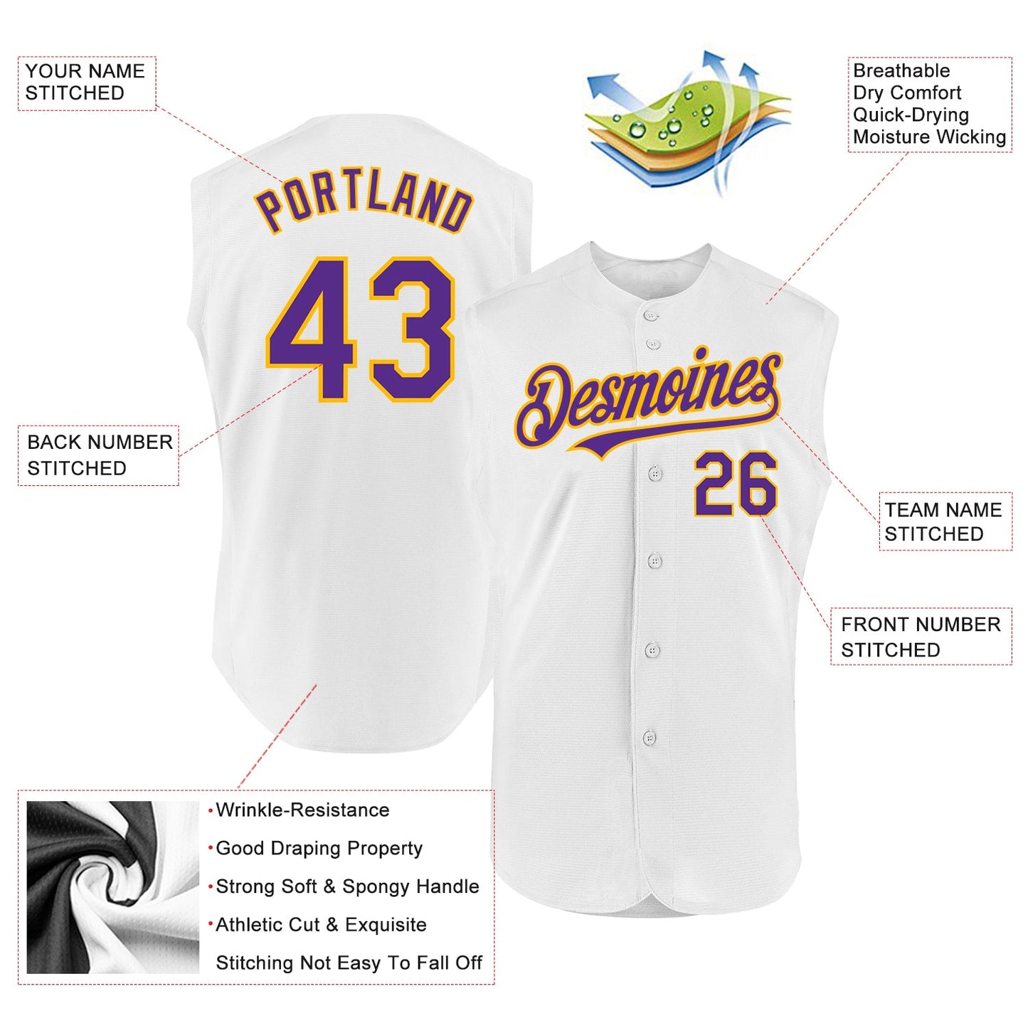 Custom White Purple-Gold Authentic Sleeveless Baseball Jersey view 2