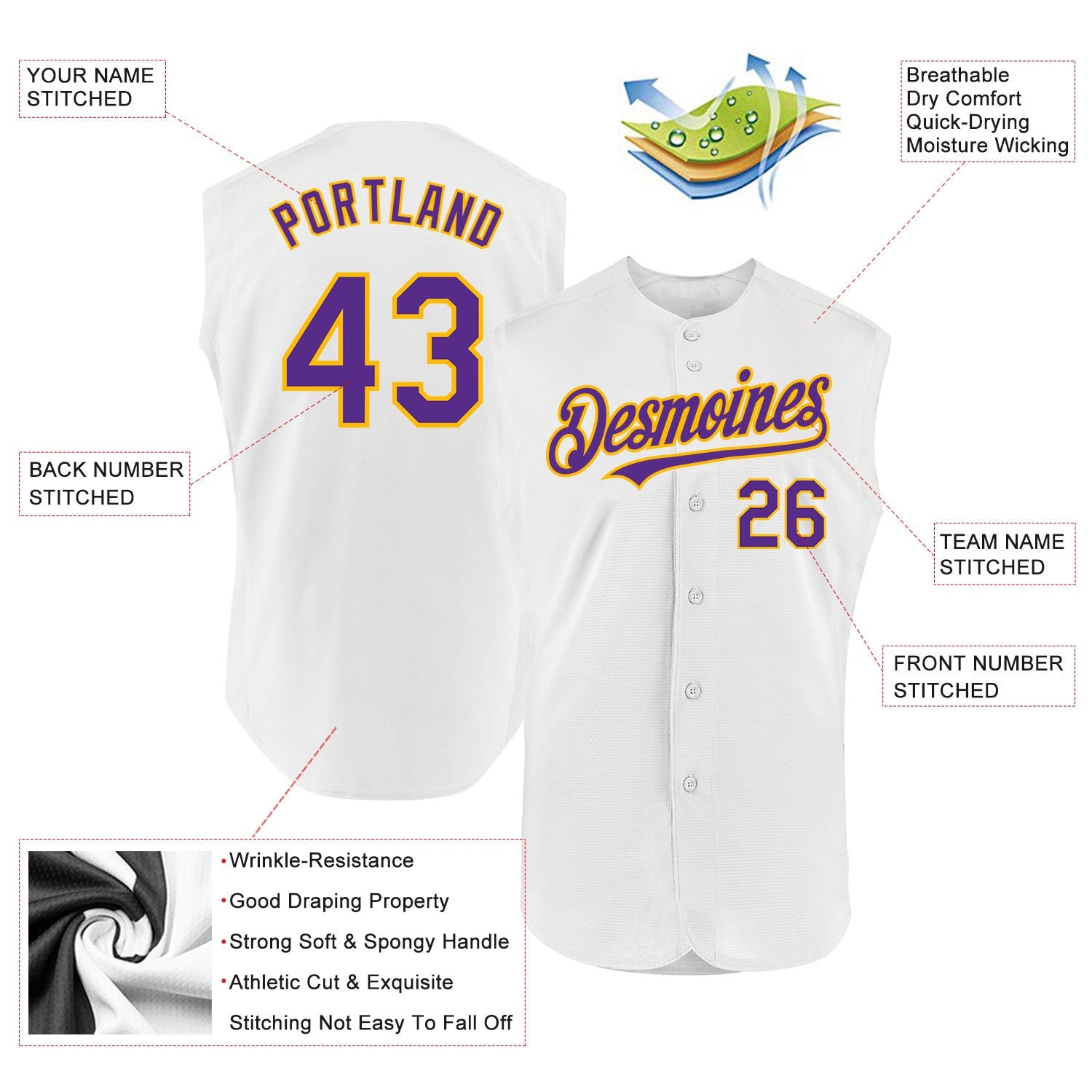 Custom White Purple-Gold Authentic Sleeveless Baseball Jersey view 2