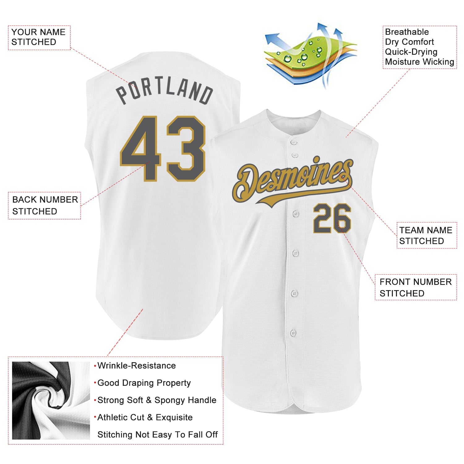 Custom White Steel Gray-Old Gold Authentic Sleeveless Baseball Jersey view 2