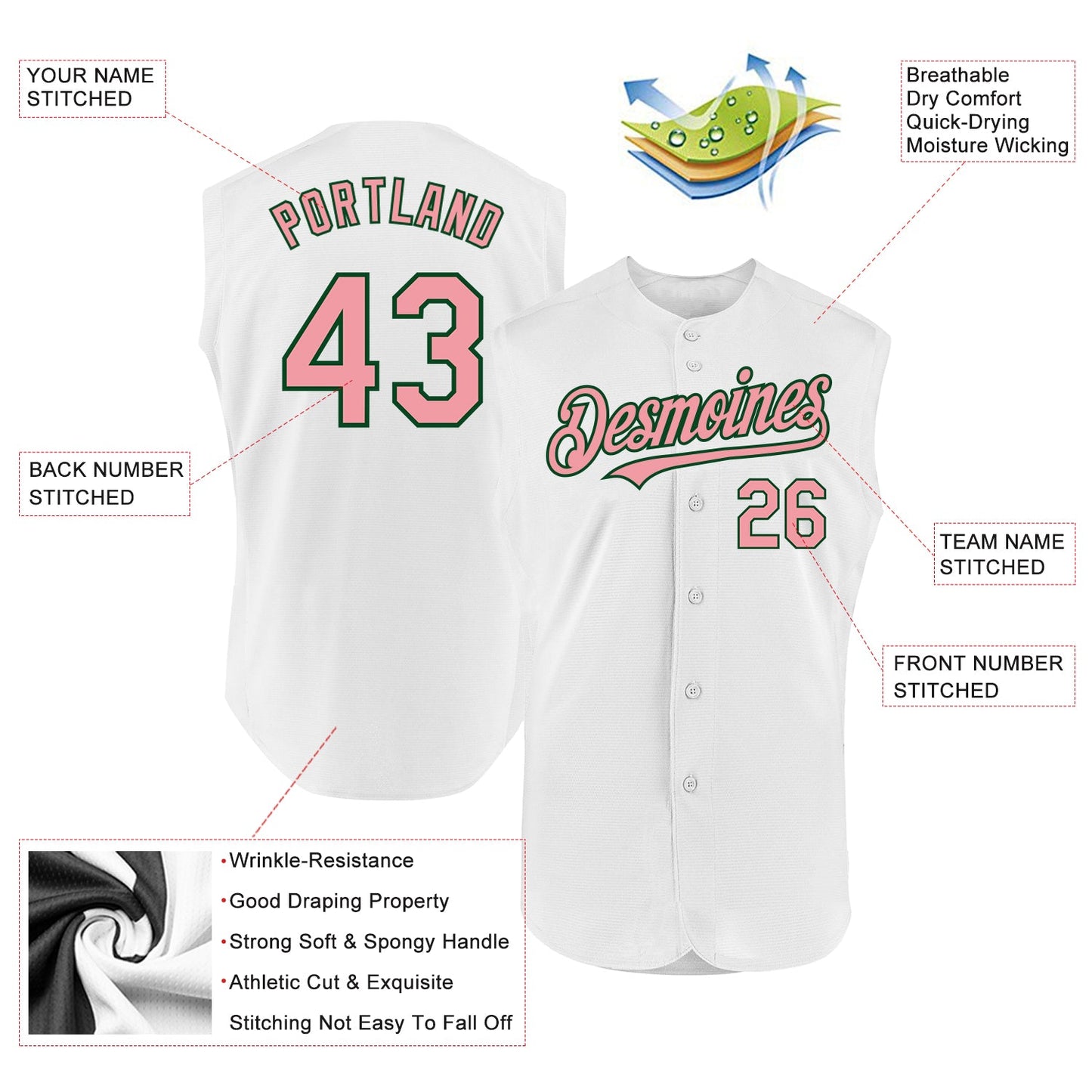 Custom White Medium Pink-Green Authentic Sleeveless Baseball Jersey view 2