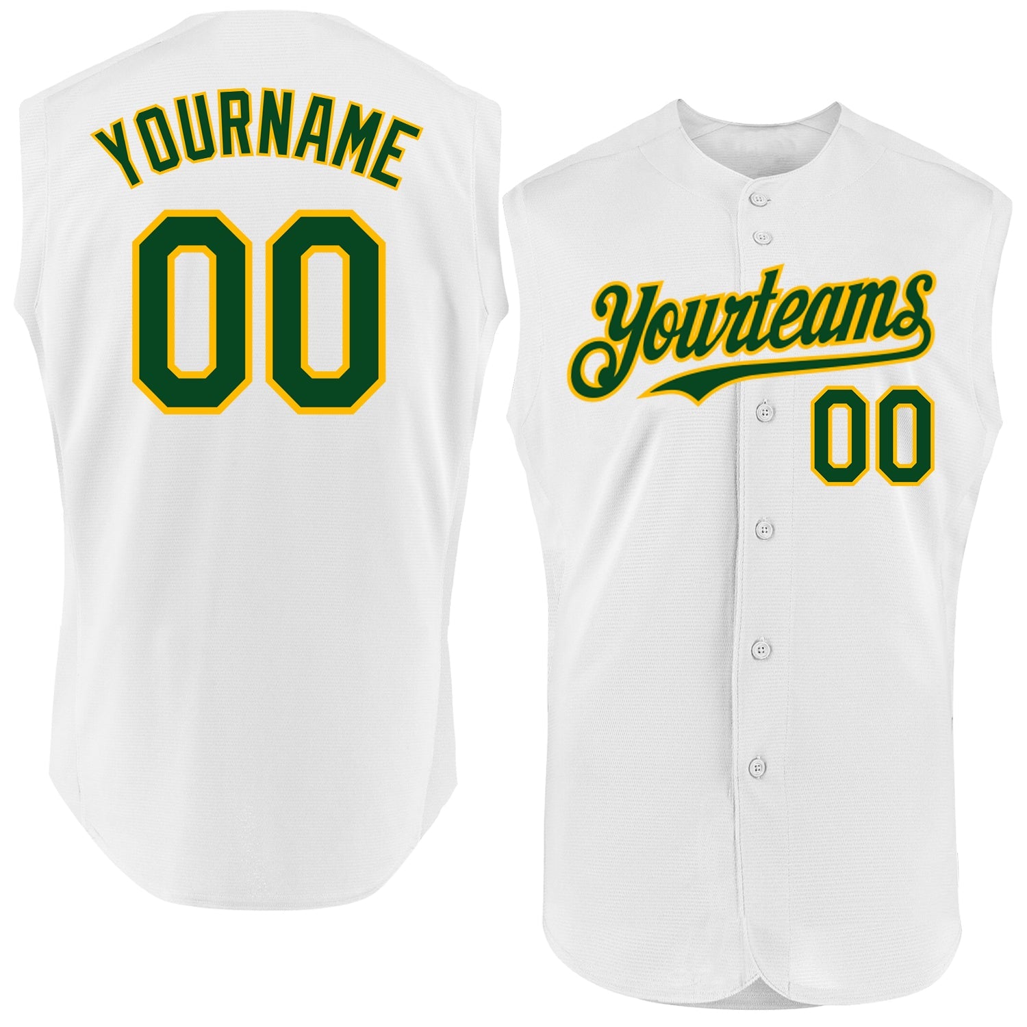 Custom White Green-Gold Authentic Sleeveless Baseball Jersey - Main View