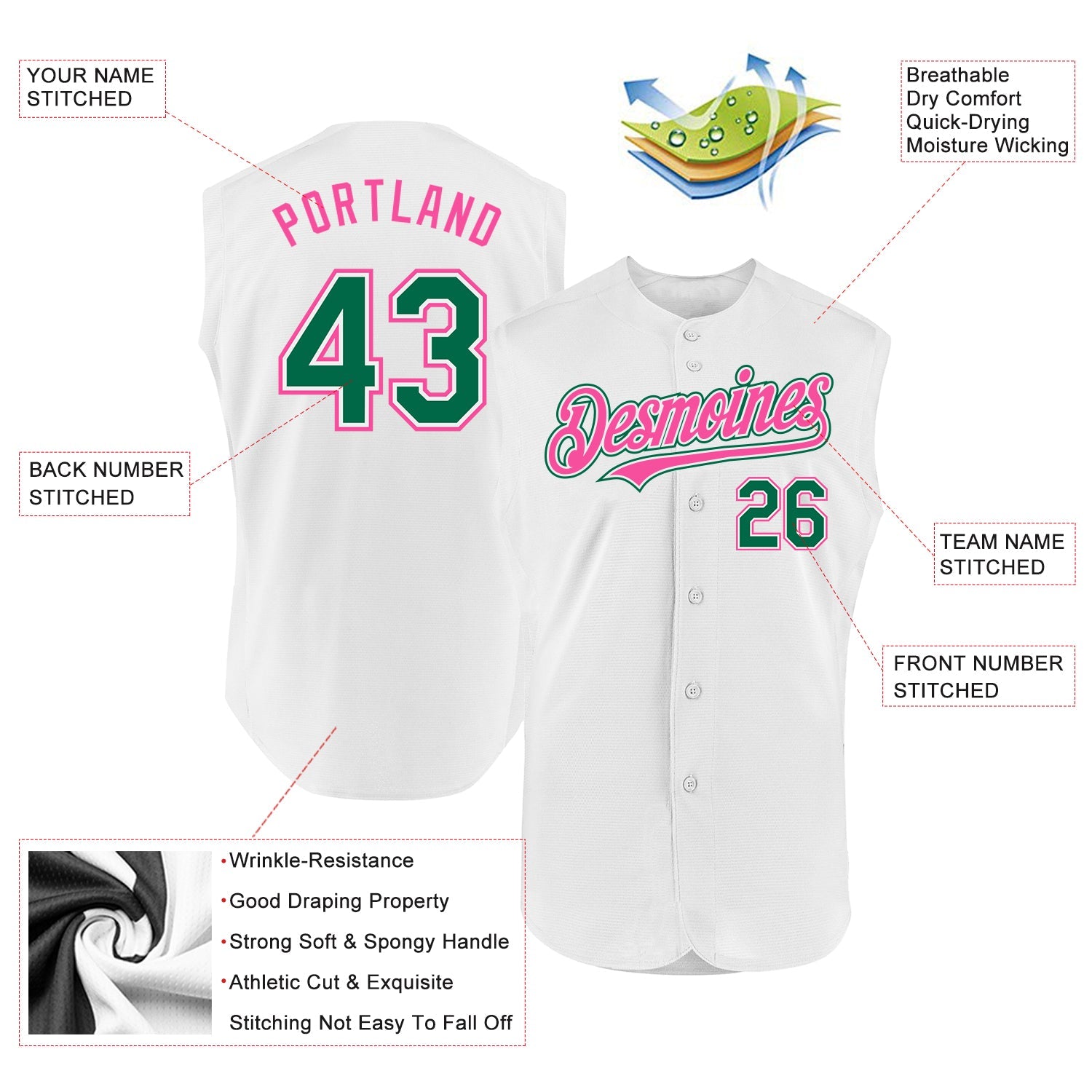 Custom White Kelly Green-Pink Authentic Sleeveless Baseball Jersey view 2