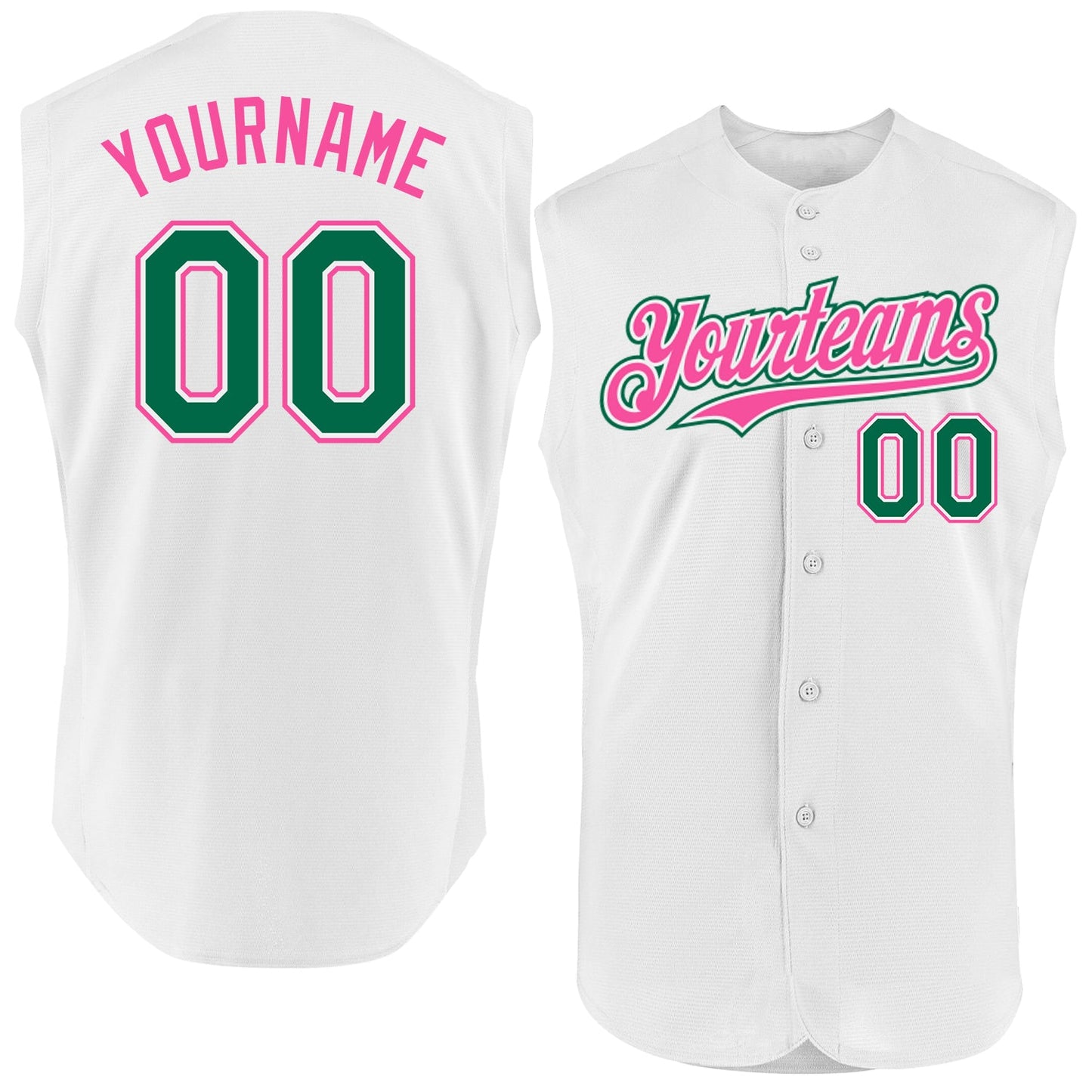 Custom White Kelly Green-Pink Authentic Sleeveless Baseball Jersey - Main View