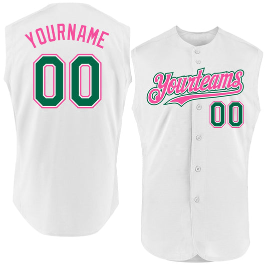 Custom White Kelly Green-Pink Authentic Sleeveless Baseball Jersey - Main View