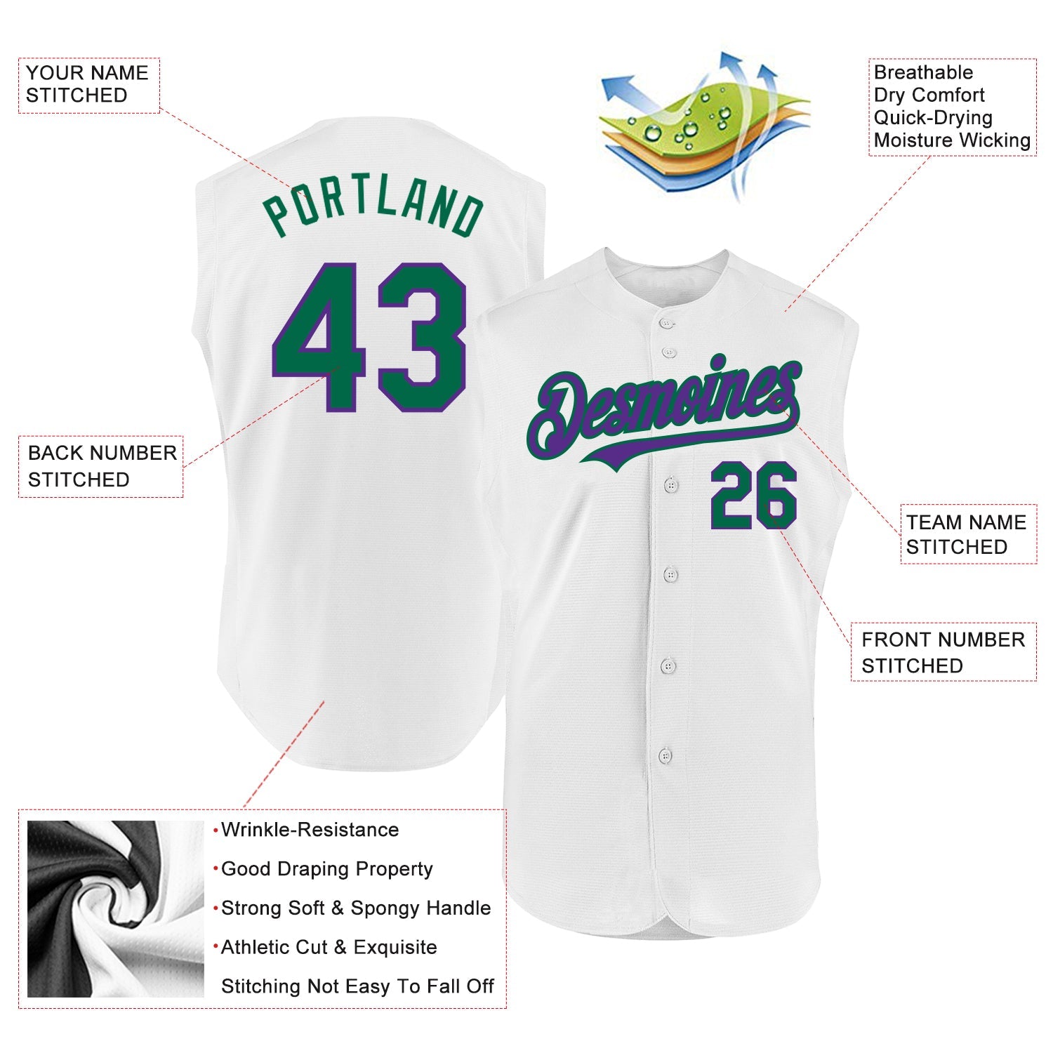 Custom White Kelly Green-Purple Authentic Sleeveless Baseball Jersey view 2