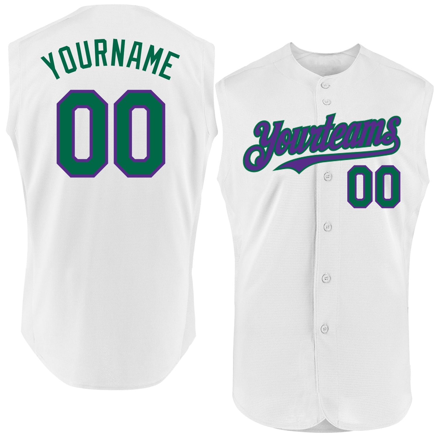 Custom White Kelly Green-Purple Authentic Sleeveless Baseball Jersey - Main View