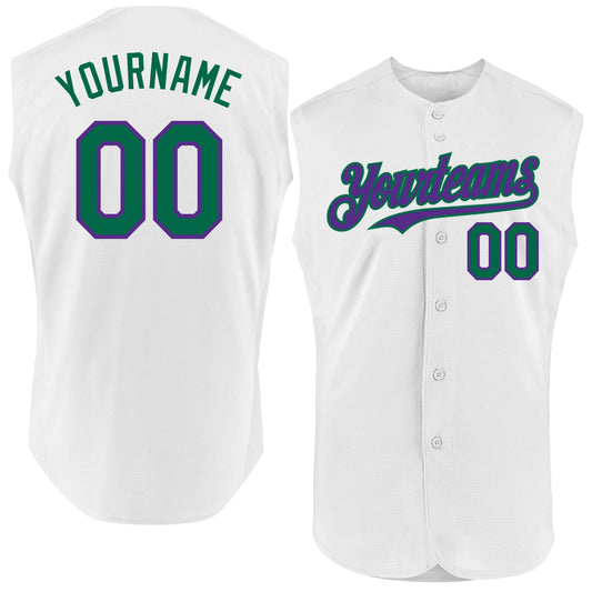 Custom White Kelly Green-Purple Authentic Sleeveless Baseball Jersey - Main View