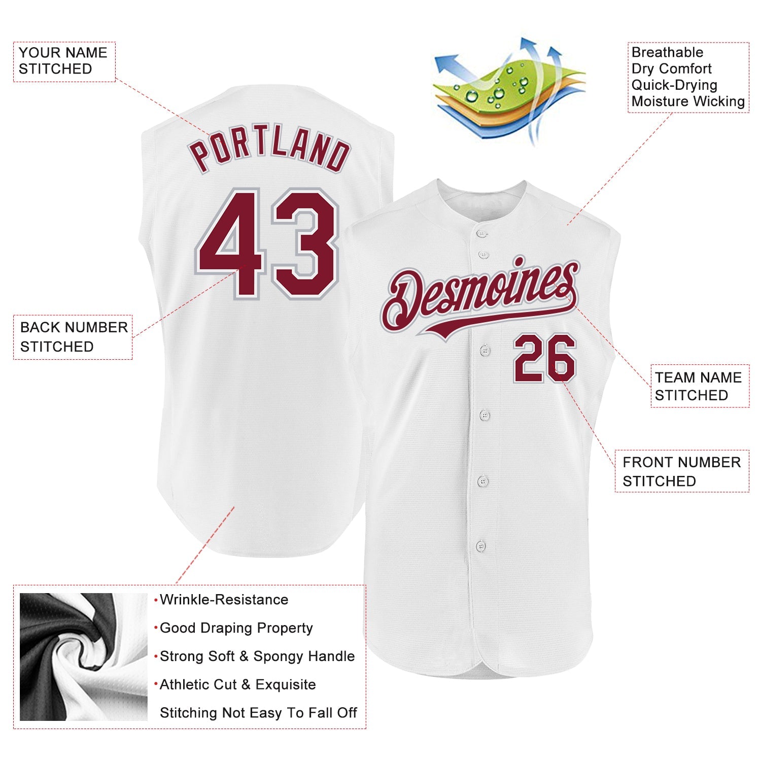 Custom White Crimson-Gray Authentic Sleeveless Baseball Jersey view 2