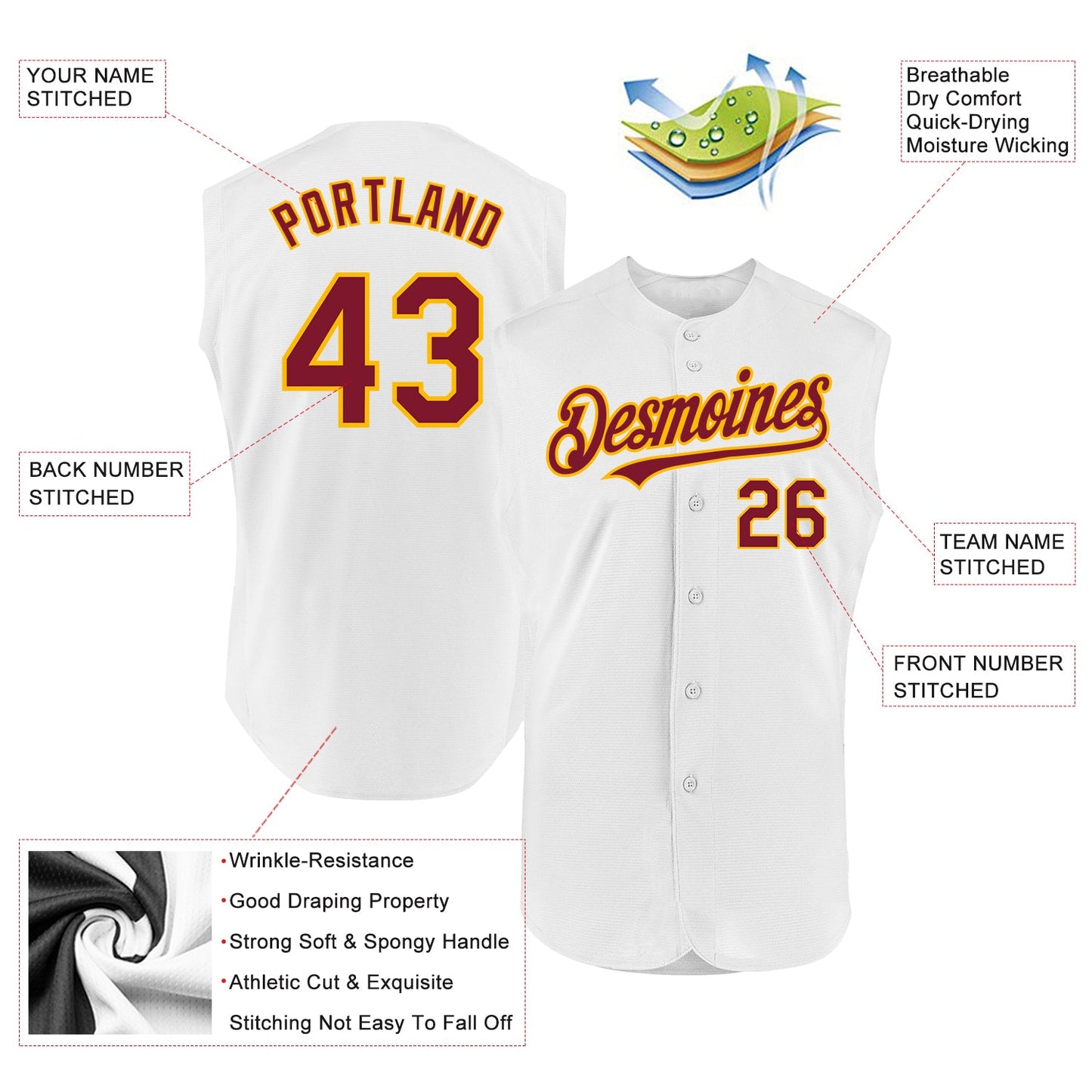 Custom White Crimson-Gold Authentic Sleeveless Baseball Jersey view 2