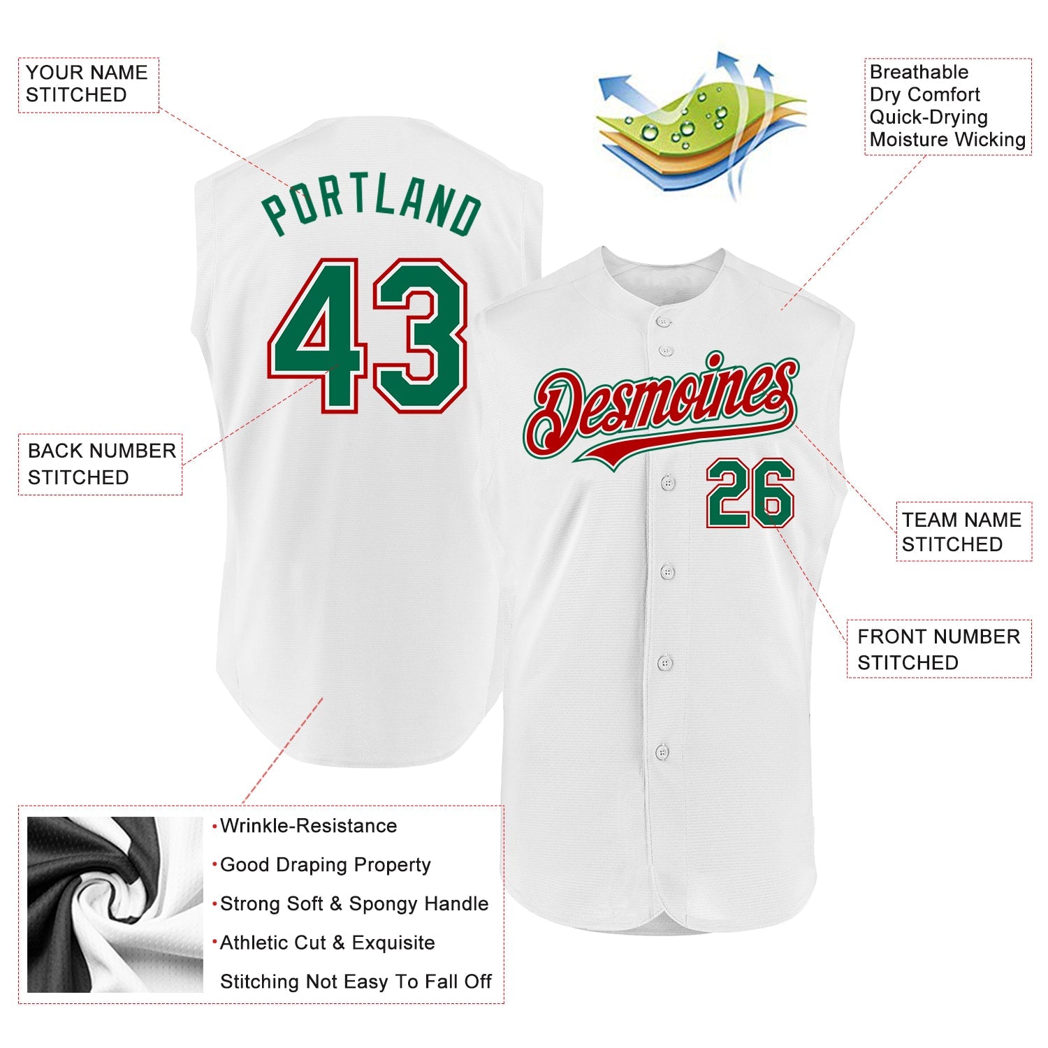 Custom White Kelly Green-Red Authentic Sleeveless Baseball Jersey view 2