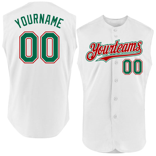 Custom White Kelly Green-Red Authentic Sleeveless Baseball Jersey - Main View