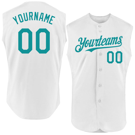 Custom White Teal Authentic Sleeveless Baseball Jersey - Main View