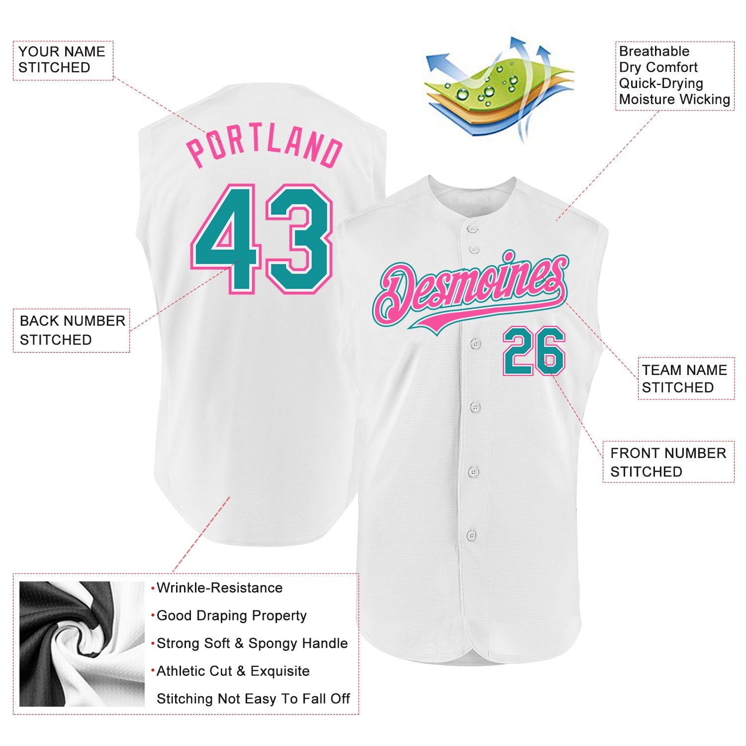 Custom White Teal-Pink Authentic Sleeveless Baseball Jersey view 2