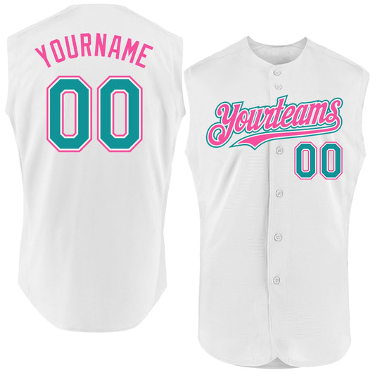 Custom White Teal-Pink Authentic Sleeveless Baseball Jersey - Main View