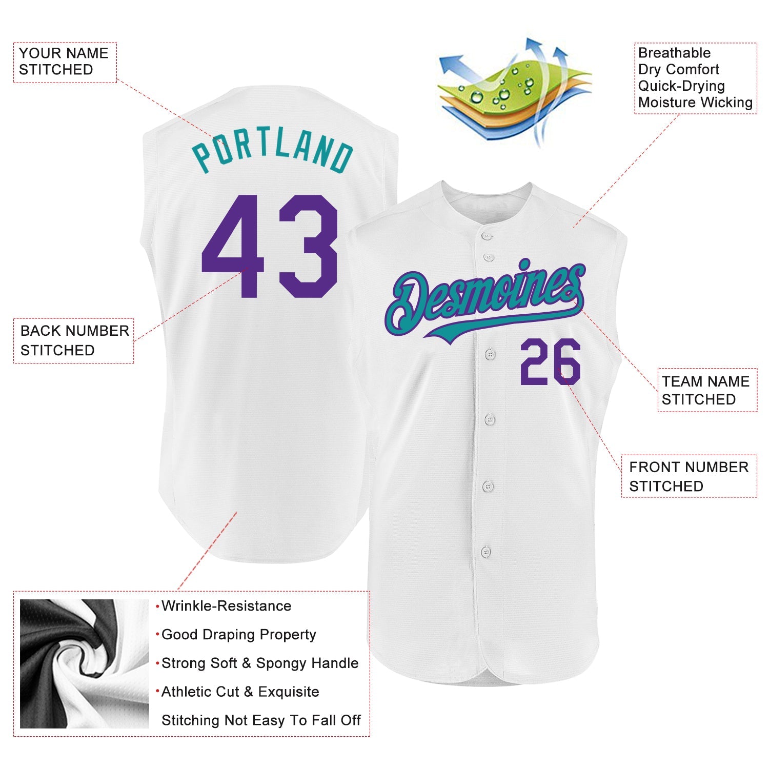 Custom White Purple-Teal Authentic Sleeveless Baseball Jersey view 2
