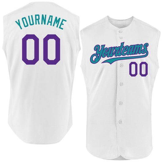 Custom White Purple-Teal Authentic Sleeveless Baseball Jersey - Main View