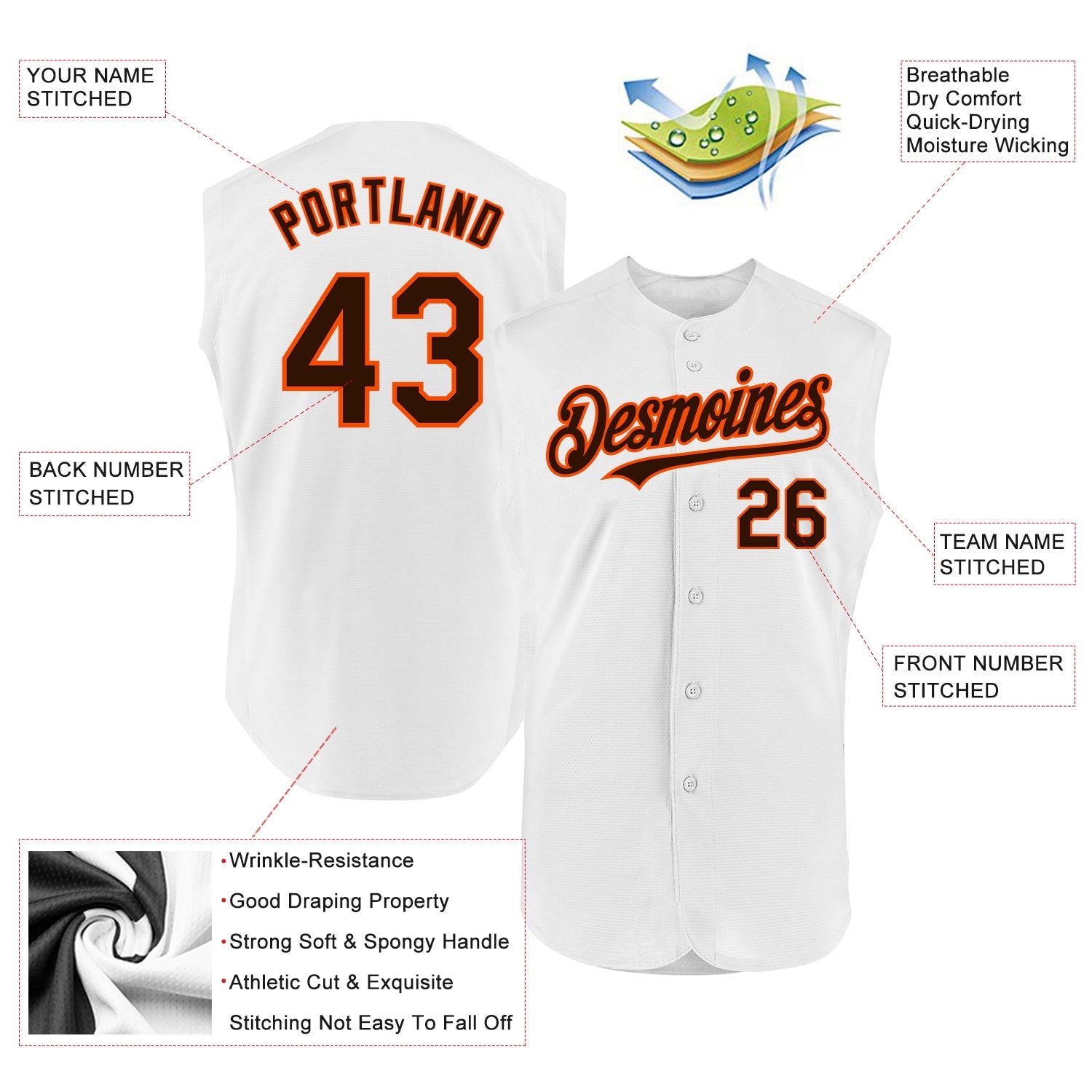Custom White Brown-Orange Authentic Sleeveless Baseball Jersey view 2