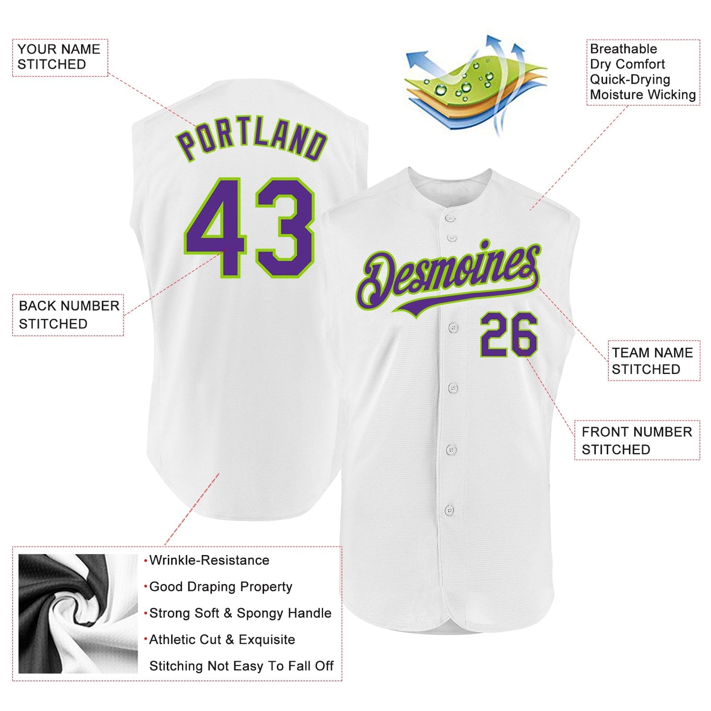 Custom White Purple-Neon Green Authentic Sleeveless Baseball Jersey view 2