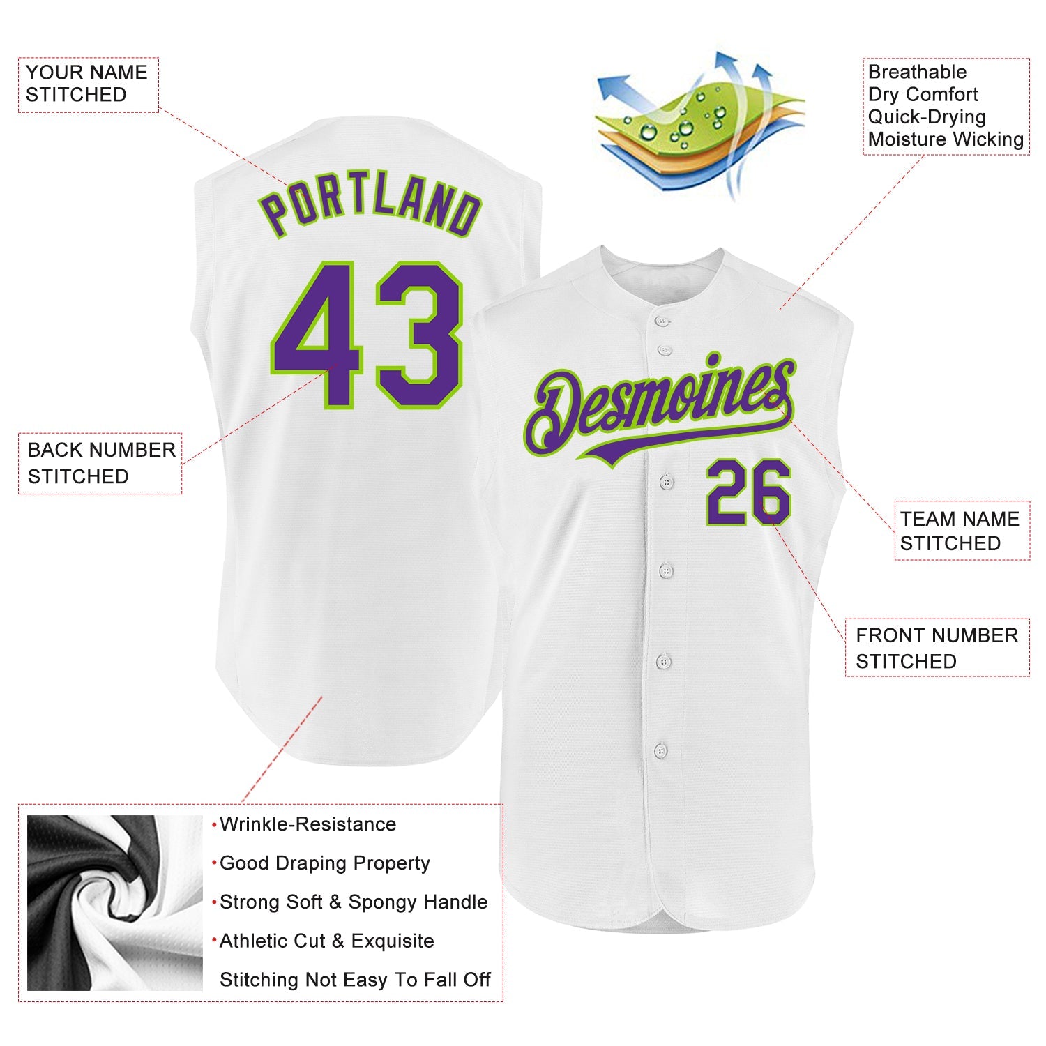 Custom White Purple-Neon Green Authentic Sleeveless Baseball Jersey view 2