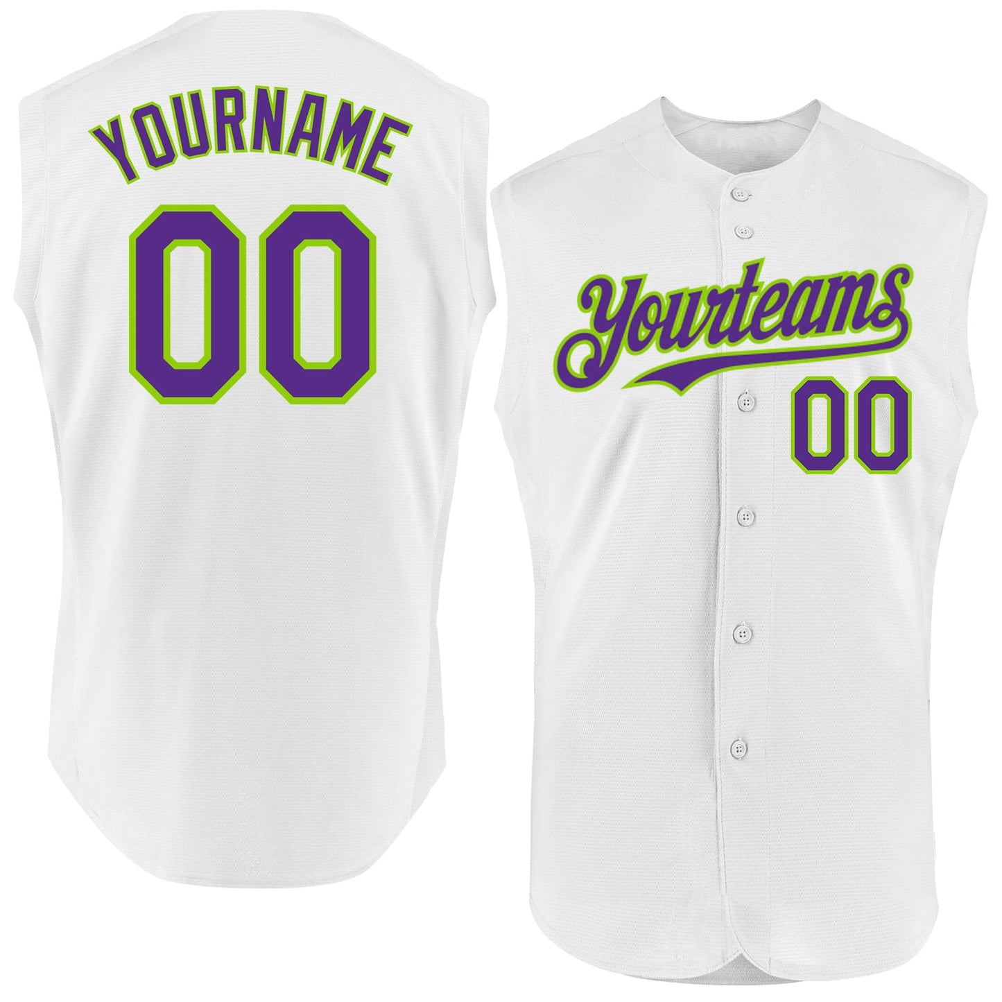 Custom White Purple-Neon Green Authentic Sleeveless Baseball Jersey - Main View