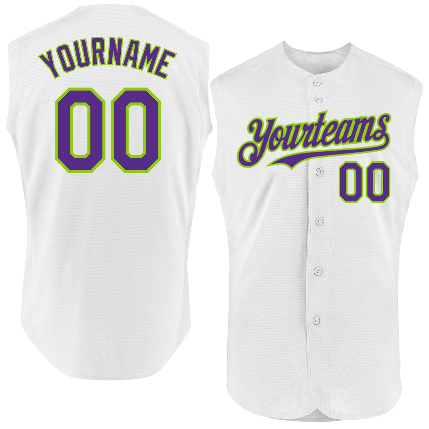 Custom White Purple-Neon Green Authentic Sleeveless Baseball Jersey - Main View