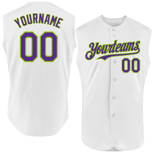 Custom White Purple-Neon Green Authentic Sleeveless Baseball Jersey - Main View