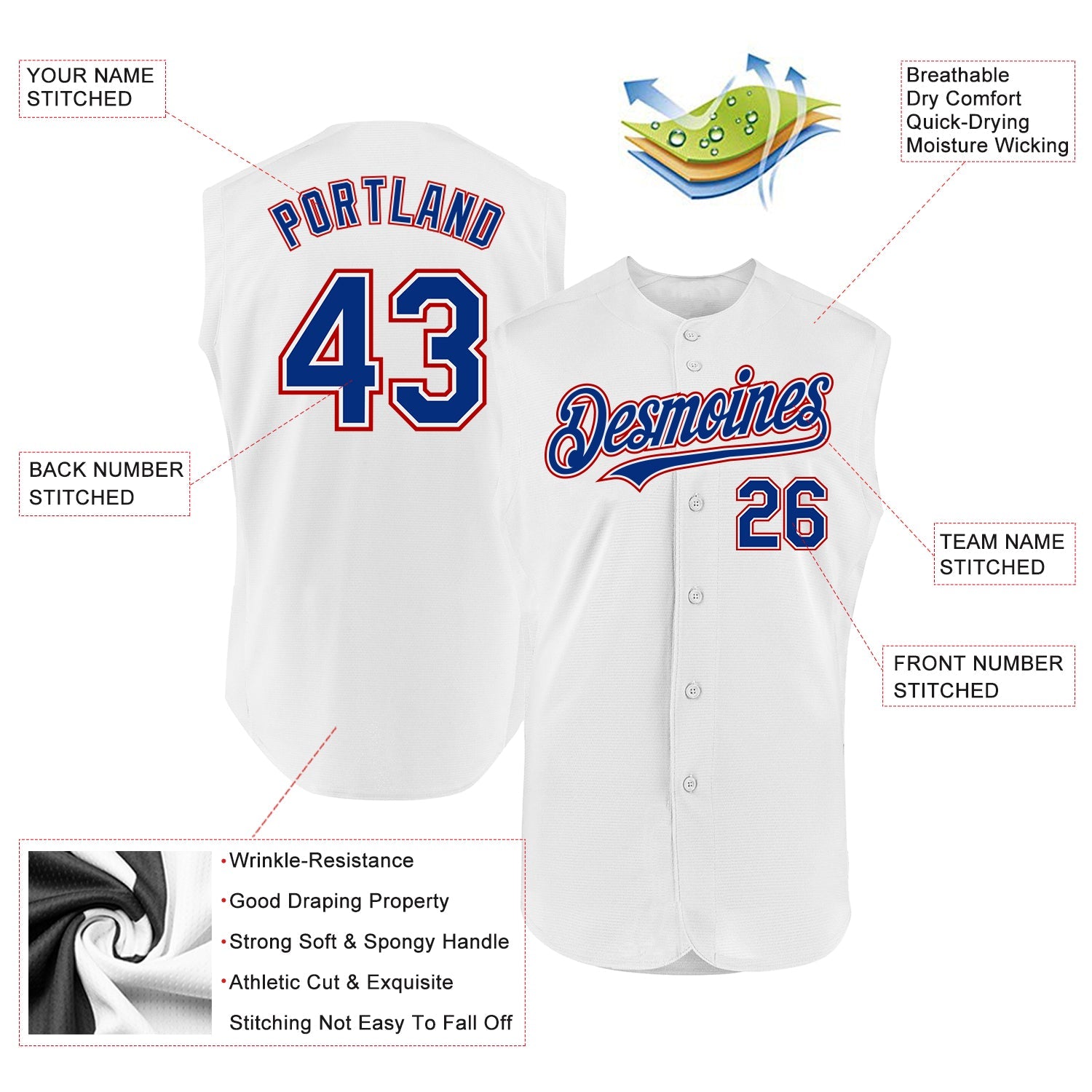 Custom White Royal-Red Authentic Sleeveless Baseball Jersey view 2