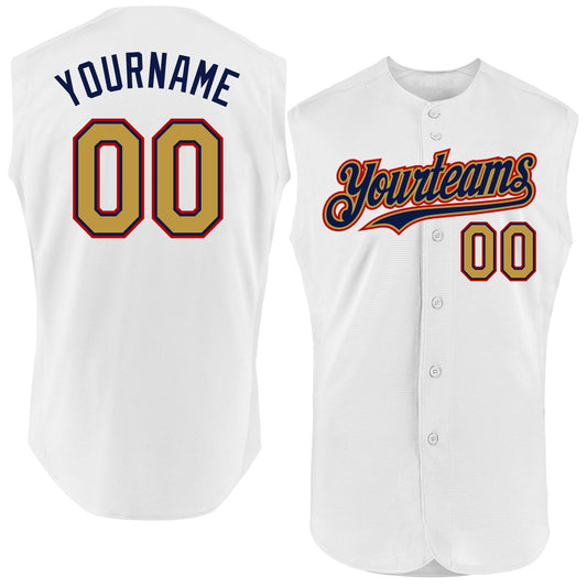 Custom White Old Gold Navy-Red Authentic Sleeveless Baseball Jersey - Main View