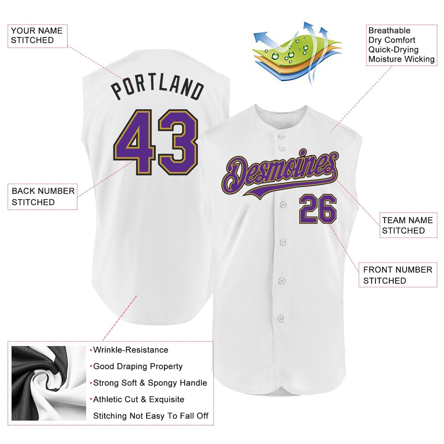 Custom White Purple Old Gold-Black Authentic Sleeveless Baseball Jersey view 2